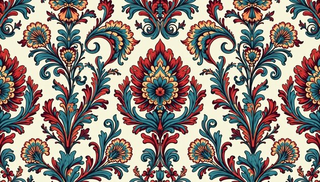 Symmetrical paisley damask pattern with scrolling vines and leaves, image, classic