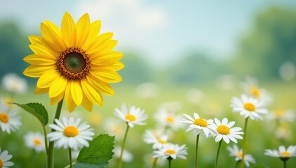 One bright yellow sunflower among many white daisies, closeup, anomaly, conspicuous