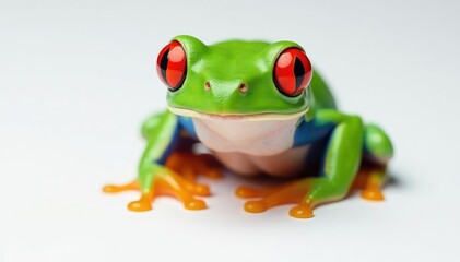 Obraz premium Single red-eyed tree frog on white, captivating eyes, copy space, red eyes, animal photography