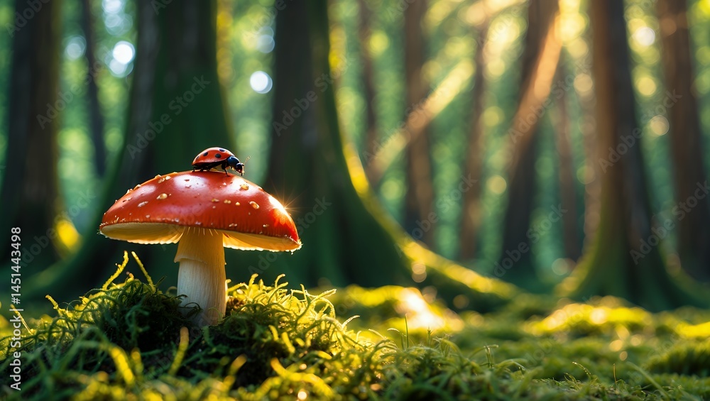 Poster ladybug resting on mushroom in forest with sunlight streaming through