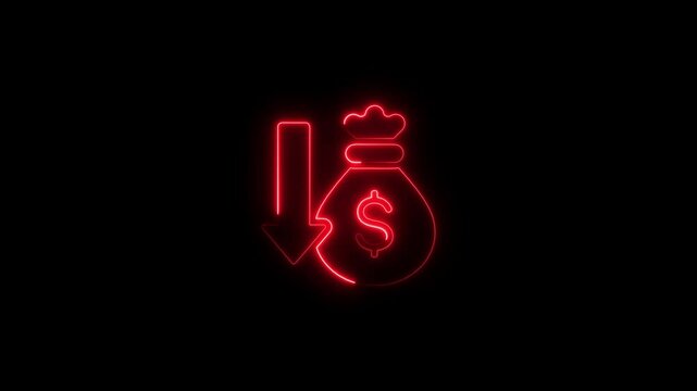 Animated neon sign indicating financial decline and loss of money with downward arrow