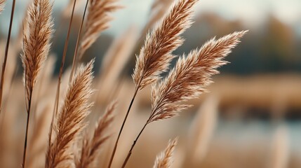 Close-up of golden pampas grass swaying gently in a natural outdoor setting with a soft, blurred background.