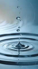 Water droplets fall into a still surface, forming ripples and soft waves in a calm blue setting, capturing a moment of natural beauty and fluid motion.