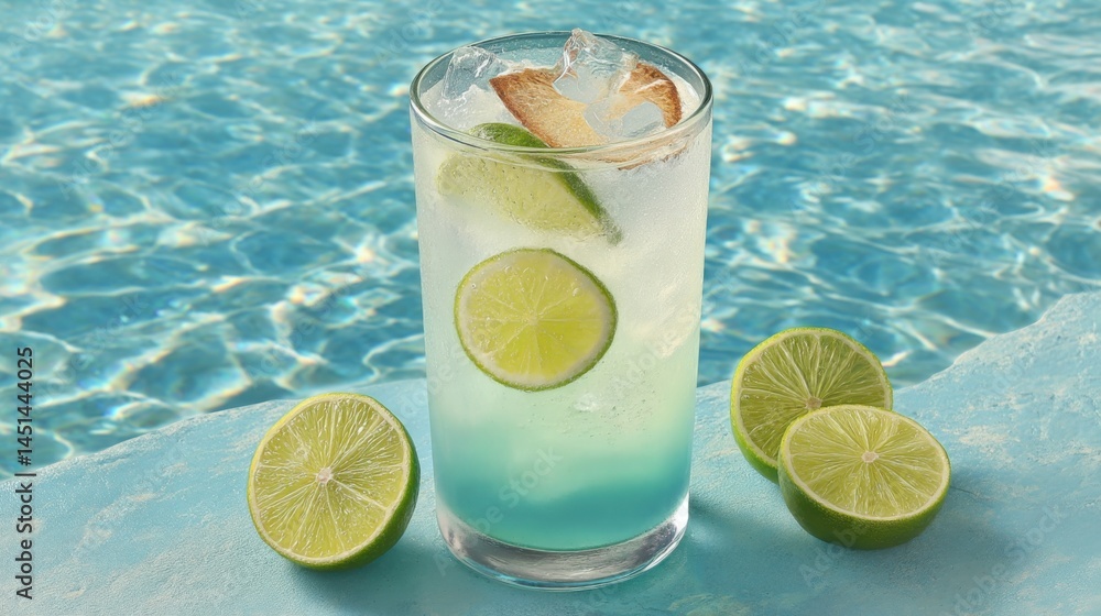 Poster refreshing cocktail with lime slices and ice cubes by a swimming pool