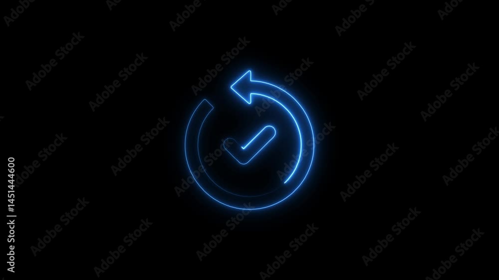 Poster glowing neon blue check mark loop with arrow animation on a black background