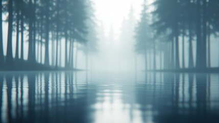 Fototapeta premium Misty forest reflection, tranquil water surface in dense trees, serene atmosphere perfect for relaxation or meditation.