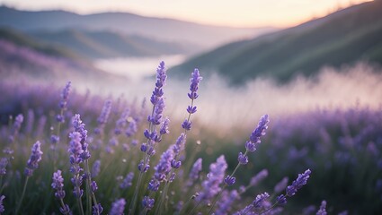 Fototapeta premium Lavender Blooming in Field with Mountain View at Peaceful Sunrise