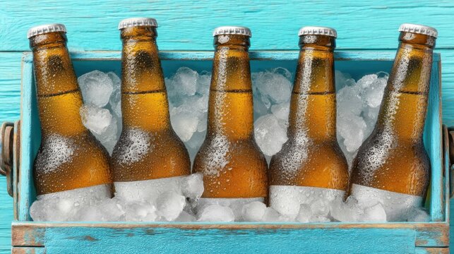 Refreshing cold beer bottles in an ice-filled blue wooden crate on a sunny day - Powered by Adobe