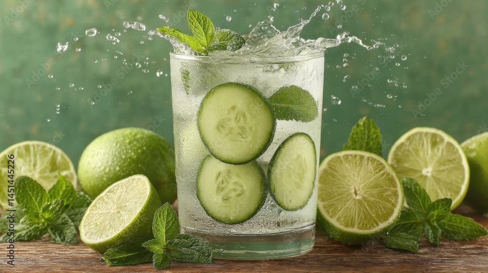 Poster refreshing cucumber and lime drink with mint leaves, splash and ice cubes