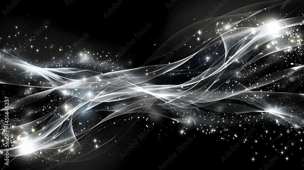 Poster abstract design with flowing lines and glittering particles.