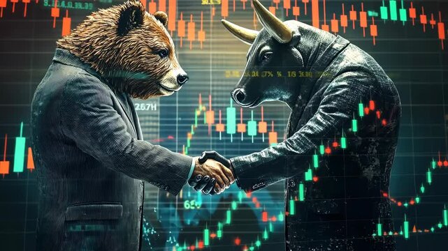 A bear and bull in classic suits shaking hands in front of fluctuating cryptocurrency charts, symbolizing market dynamics, competition, and balance.