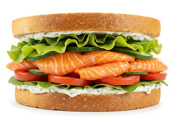 A salmon sandwich with lettuce, tomato, cucumber and sauce on toasted bread against white background