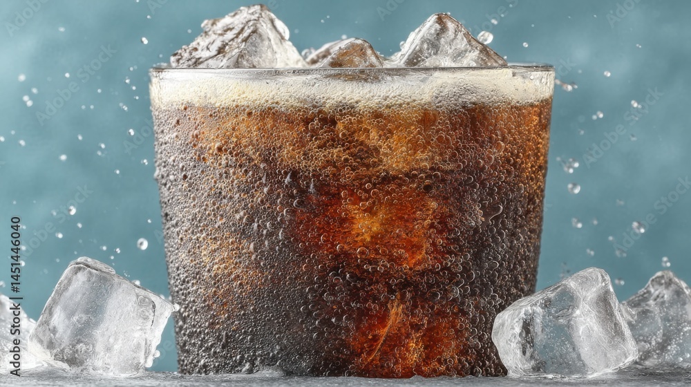 Poster refreshing glass of cold cola with ice cubes and bubbles on a blue background