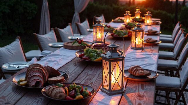 Aerial view of an elegant outdoor dinner setup at sunset, featuring a long table with lanterns and food, perfect for a video on outdoor dining ambiance.