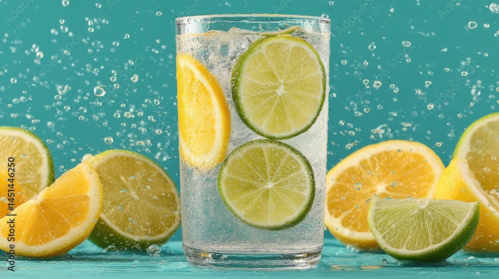Poster refreshing glass of sparkling water with lemon and lime slices on turquoise background