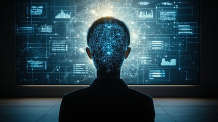 Data-Driven Future: A Silhouette Immersed in the Glow of Digital Information Flow