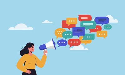 Businesswoman Using Voice to Communicate Message, Talk, and Announce Instructions Through Dialogue, Chat, and Speech in a Powerful Discussion Concept