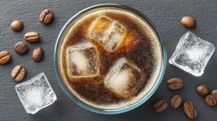 Refreshing iced coffee drink with ice cubes and roasted coffee beans viewed from above