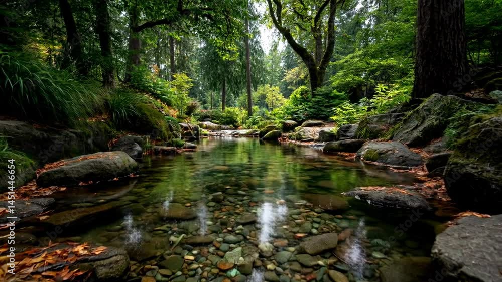 Poster a serene forest landscape with a shallow stream flowing and bubbling over rocks and surrounded by lu