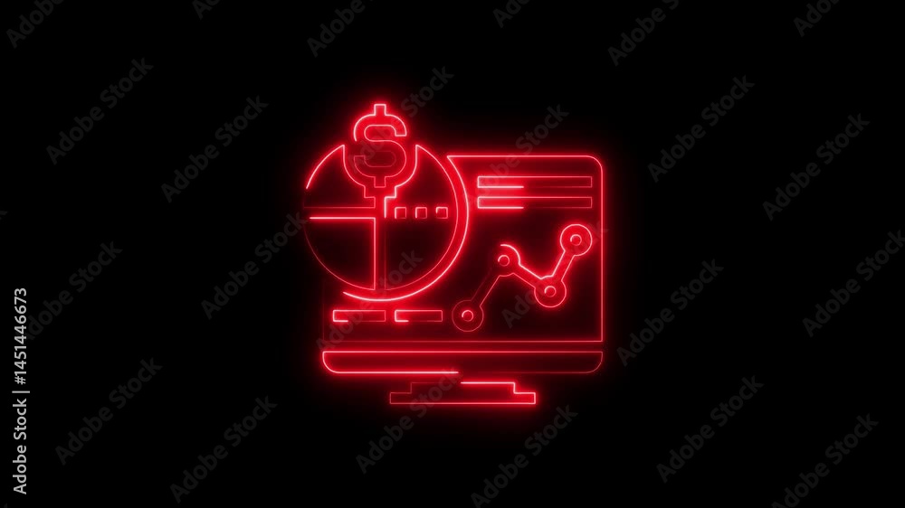 Poster animated red neon icon of financial data displayed on a computer screen