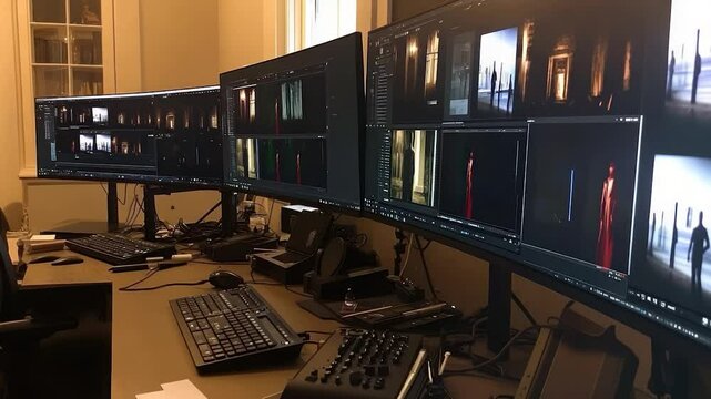 Multiple monitors, editing, home office workspace