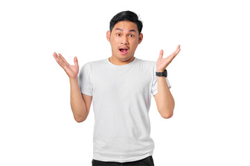 Shocked young Asian man with open mouth, celebrating victory in online lottery isolated on...