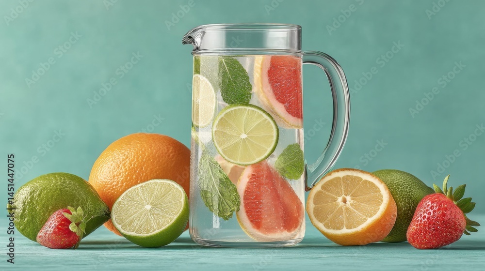 Poster refreshing infused water with fruits and mint in a pitcher on a blue background