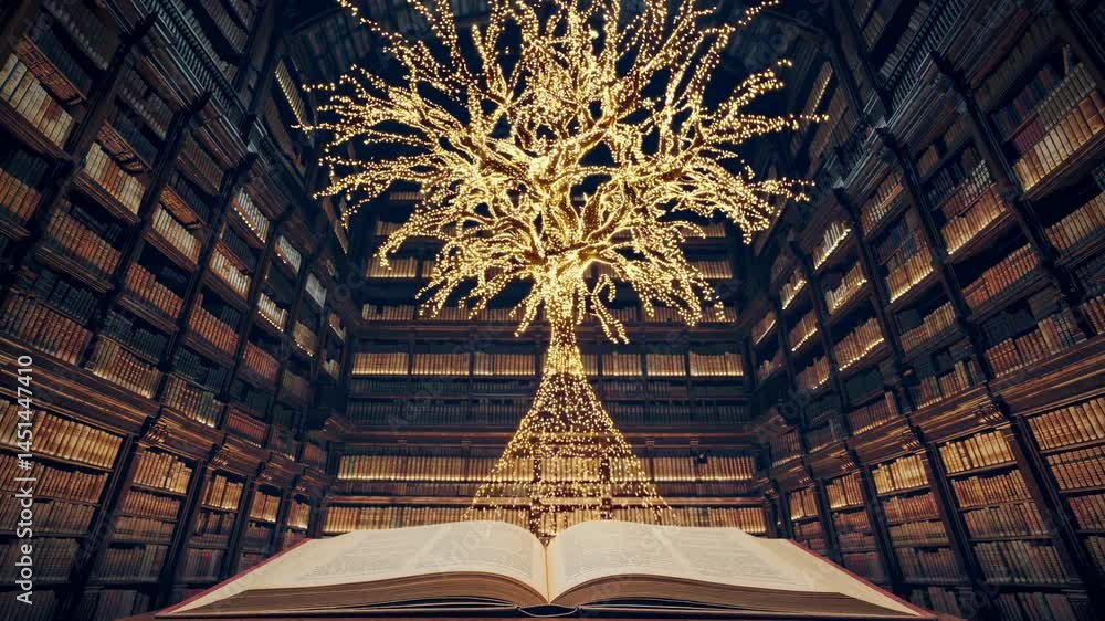 Poster a magical library scene with a glowing tree emerging from an open book. captured from a low angle, r