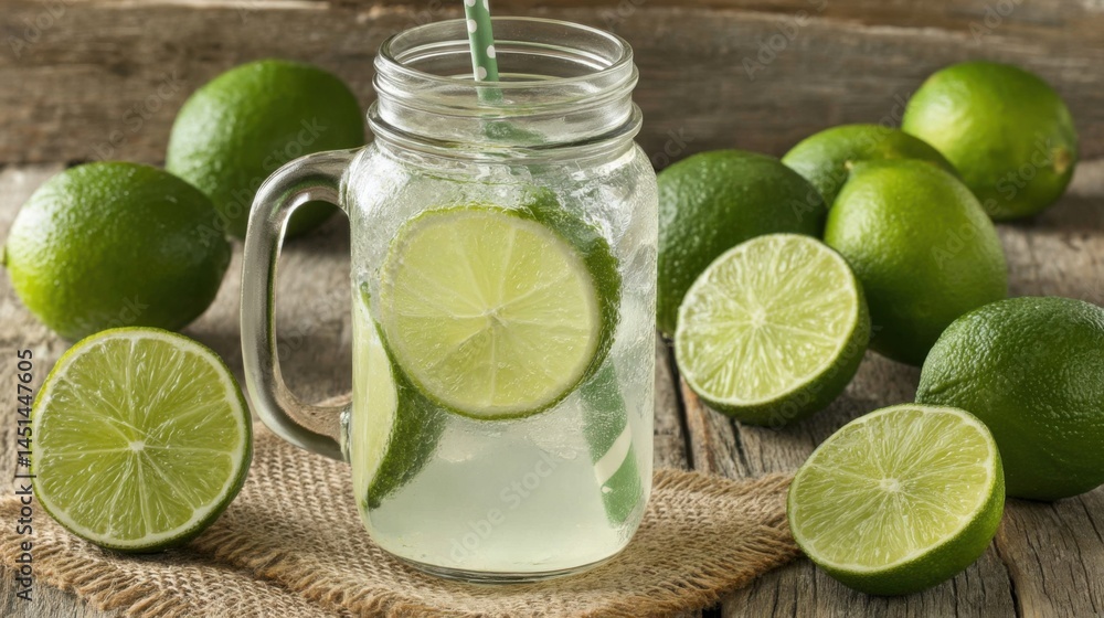 Poster refreshing lime drink in a mason jar with fresh limes on a rustic wooden surface