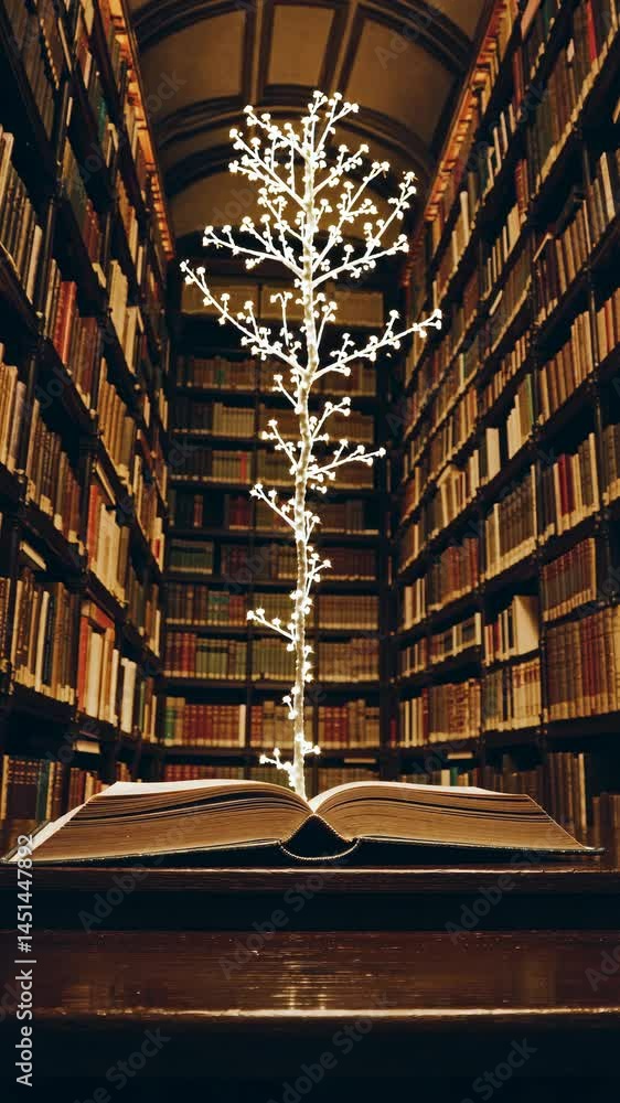Poster a magical video scene with a glowing tree emerging from an open book in a grand library, captured fr