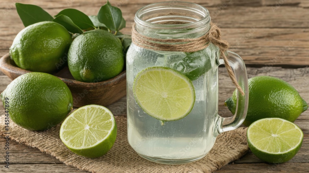 Poster refreshing lime water in a jar with fresh limes on a rustic wooden table setting.