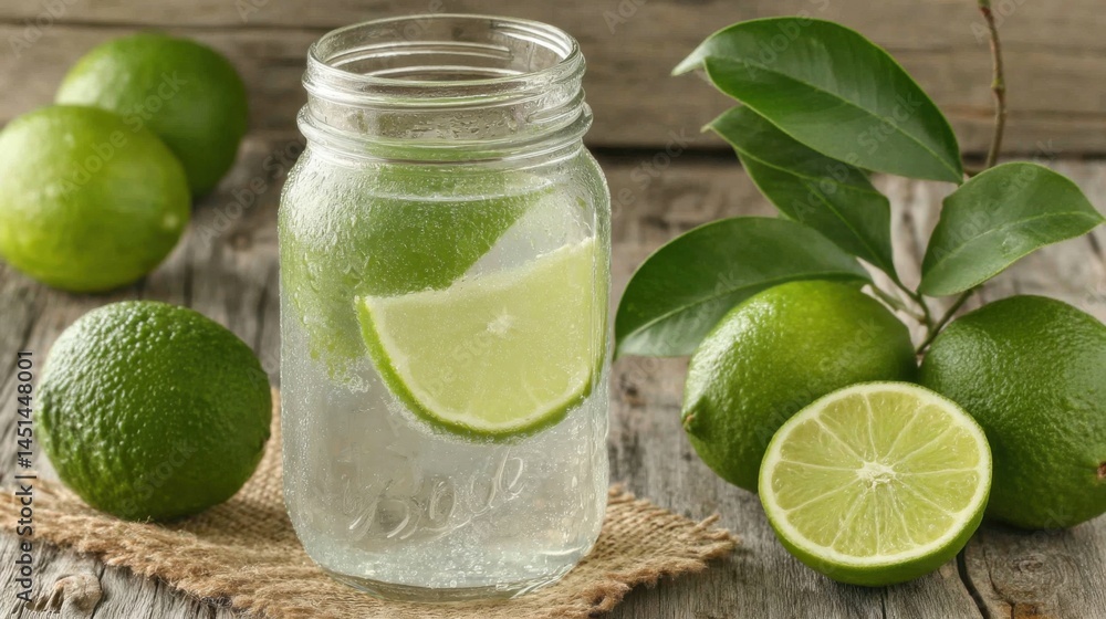 Poster refreshing lime water in a mason jar with fresh limes on a rustic wooden surface.