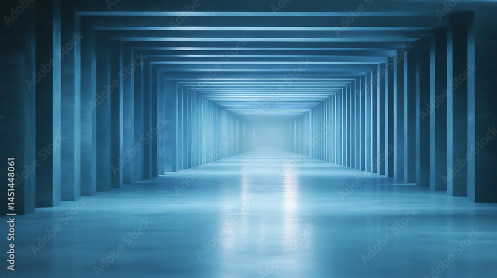 Poster illuminated corridor exploration futuristic architecture digital art minimalist environment perspect