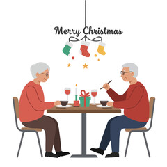 Senior at Christmas table - cozy holiday scene with elderly person at festive table adorned with traditional dishes and twinkling lights, radiating warmth and family comfort.