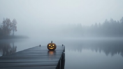 Dog sitting peacefully on foggy dock, serene atmosphere, tranquil waters reflecting mist, perfect for nature-themed content.