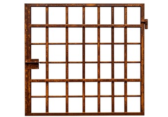 Isolated rusted metal gate with latch and hinges against a white background in a studio shot