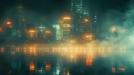 Obraz premium Foggy, glowing cityscape reflected in still water.