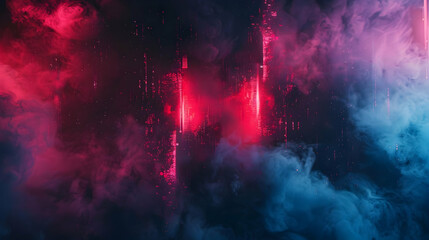 Fototapeta premium Vibrant neon lights illuminate a dark space filled with smoke.