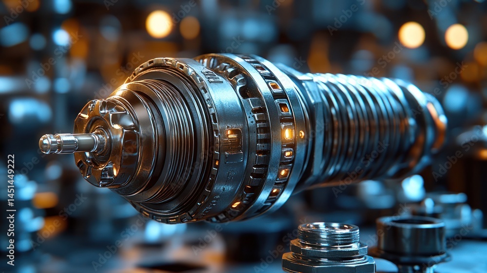Poster futuristic mechanical device: close-up of a complex engineered system