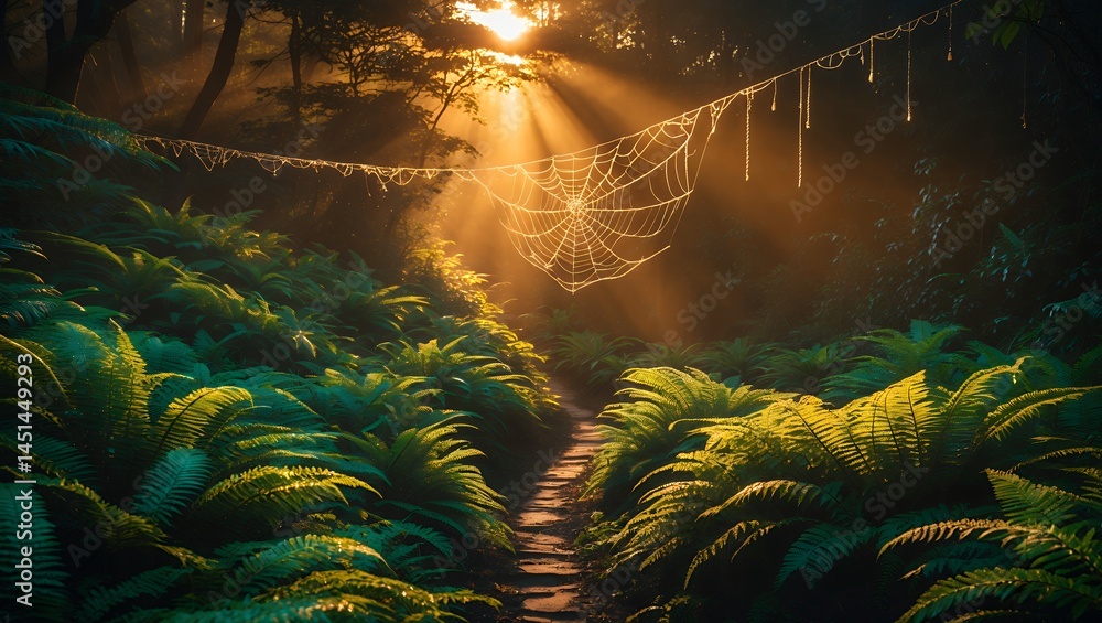 Poster sunlit path through lush ferns with spiderweb at golden hour