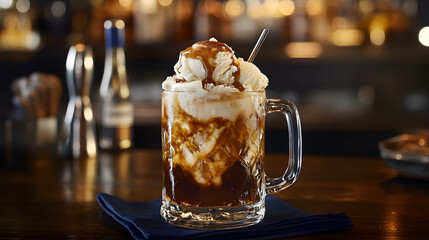 A glass of ice cream with a spoon in it