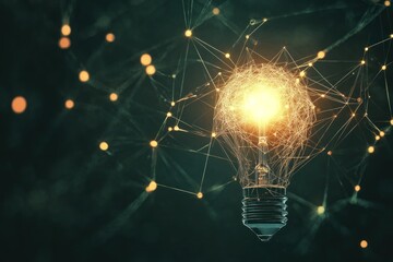creative concept with bright bulb connected by dots and lines, 3d render, dark theme