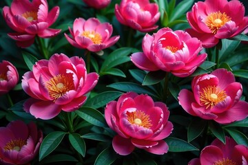Bold peony blossoms & leaves, densely arranged , bold, seamless, illustration
