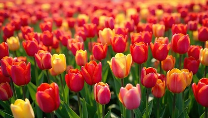 Fototapeta premium Densely packed vibrant tulips in rhythmic array , garden, wallpaper