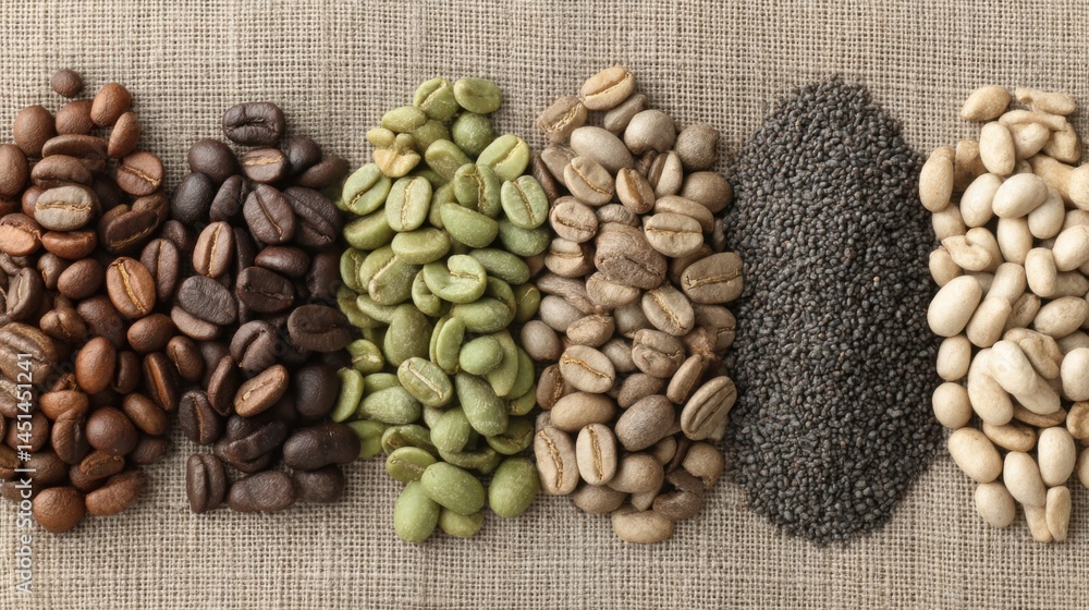 Poster variety of coffee beans and seeds displayed on a textured burlap background