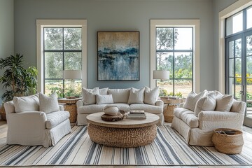 Beautiful living room in California home with comfortable seating, striped rug, large window overlooking garden, abstract art, and natural lighting.