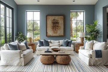 Beautiful living room in California home with comfortable seating, striped rug, large window overlooking garden, abstract art, and natural lighting.