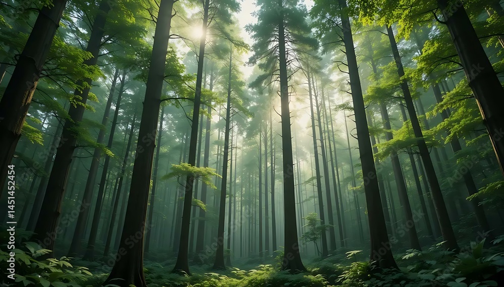 Poster sunlight streams through tall, green trees in a serene forest, creating a tranquil atmosphere