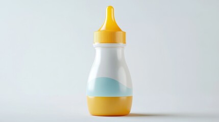 Baby bottle for liquid supplement.  Small, plastic bottle with a yellow nipple, and light-blue accents.  Designed for feeding infants