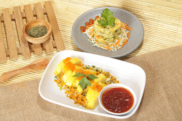 Egg dishes. Steamed vegetable eggs. rolled eggs with sauce